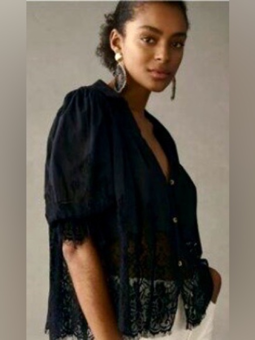 Anthropologie/Women's Black Lace Hem Button-Front Top/Collared/4 buttons/NEW!